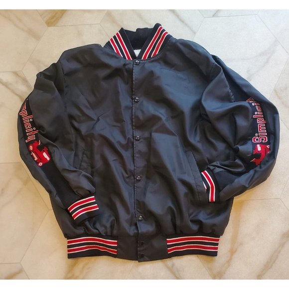 Vintage Black Satin Button-Up Bomber Jacket Men's Size L SIMPLICITY Tractors - Picture 1 of 7